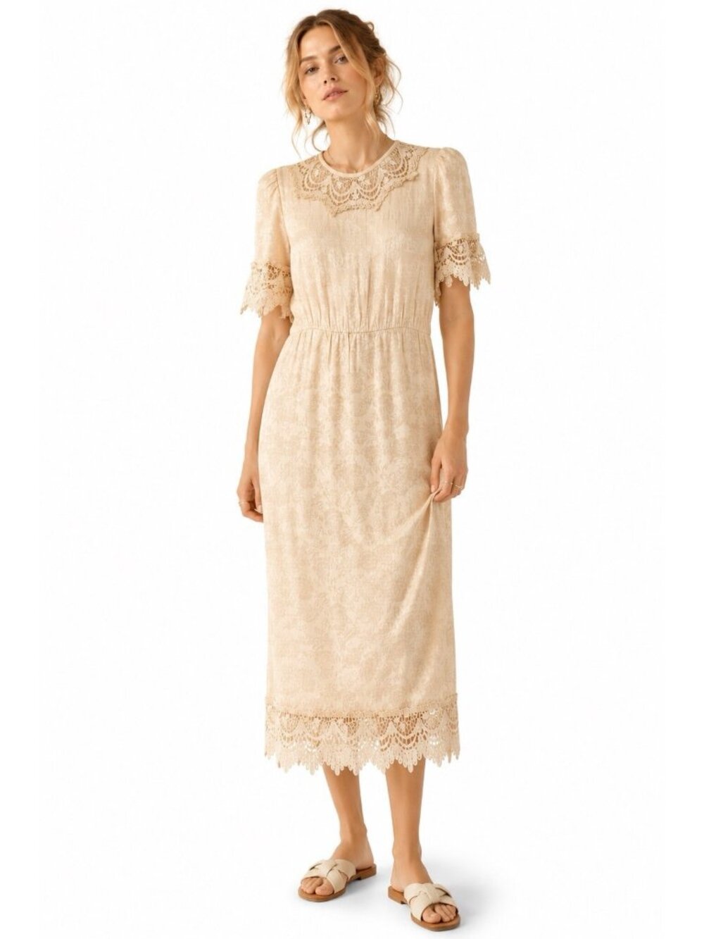 vintage 80s COTTAGECORE DRESS midi peach SMALL lace prairie romantic feminine